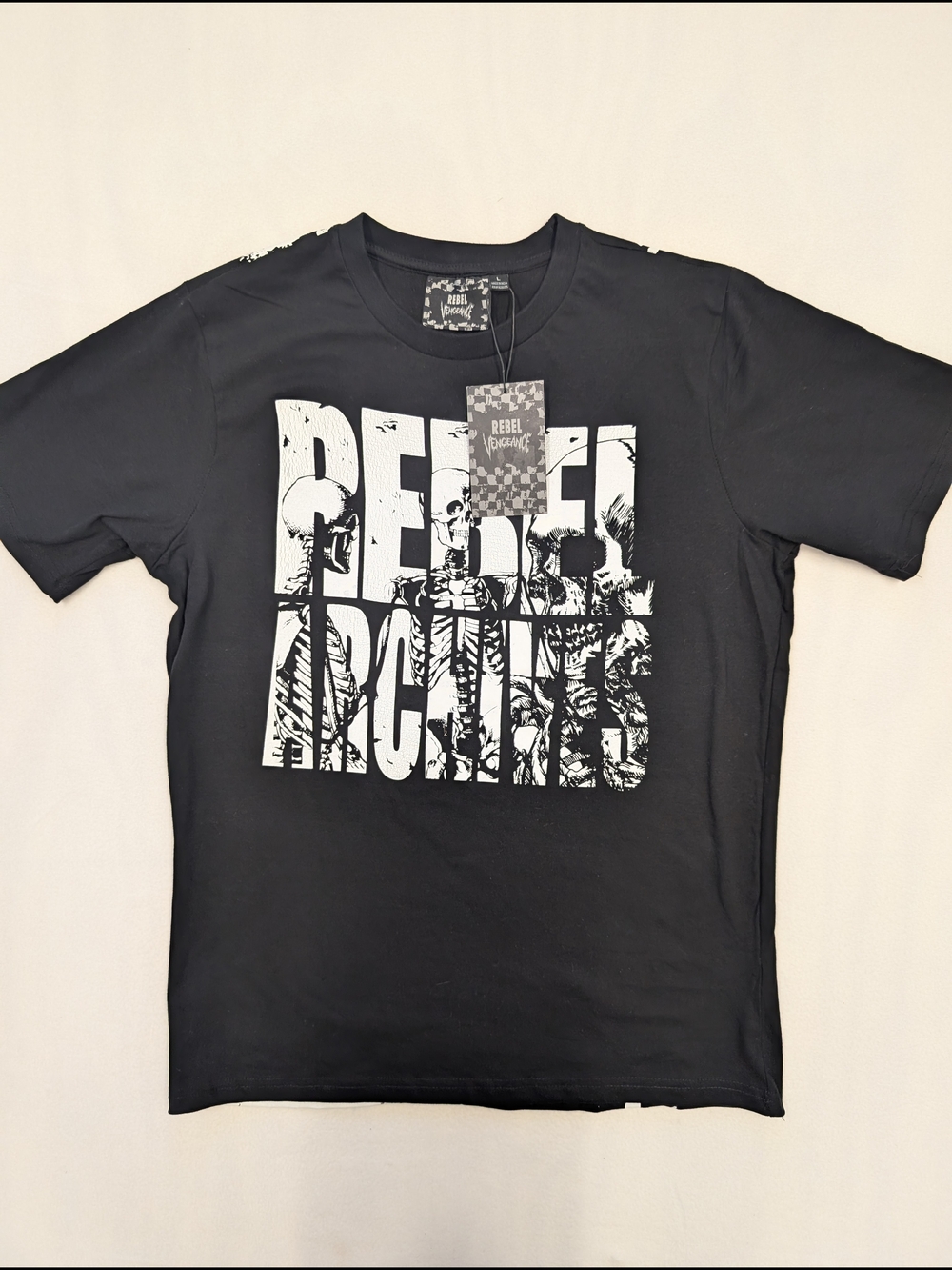 Rebel Archives" Skeletons Graphic Black Men's T-Shirt Size L